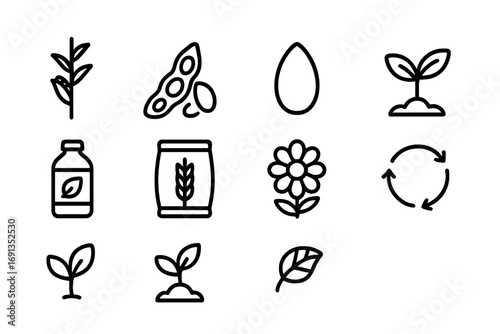 Plant Fertilizer Icons. Outline icon set of plant-based fertilizers: corn stalk, soybean, sunflower seed, leaf