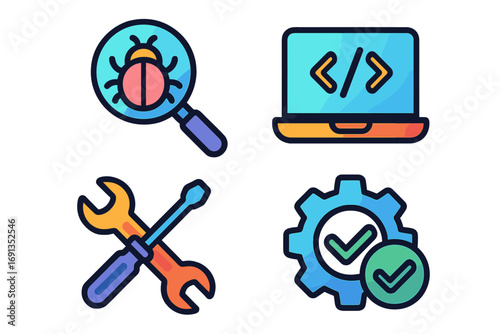 Bug fixing and software development icon set. Vector icons for coding, programming, quality assurance and testing. Web development tools, repair, and system maintenance symbols.