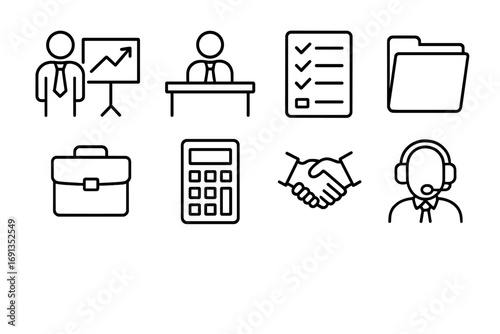 Financial Advisor Icons. Outline icon set of financial advisors: person with chart, desk, checklist, document