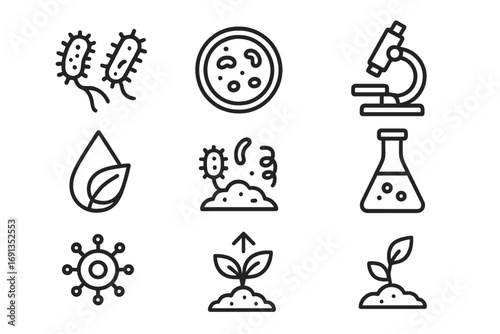 Microbial Fertilizer Icons. Outline icon set of microbial fertilizers: bacteria icon, petri dish, microscope,