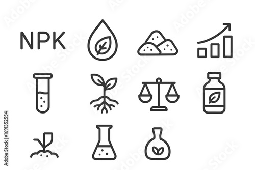 Nutrient Fertilizer Icons. Outline icon set of balanced nutrient fertilizers: NPK letters, droplet with leaf,
