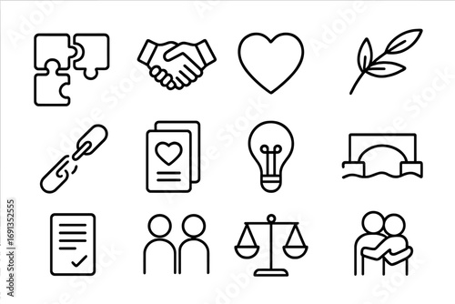 Conflict Resolution Icons. Outline icon set of conflict resolution in love: puzzle pieces, handshake, heart,