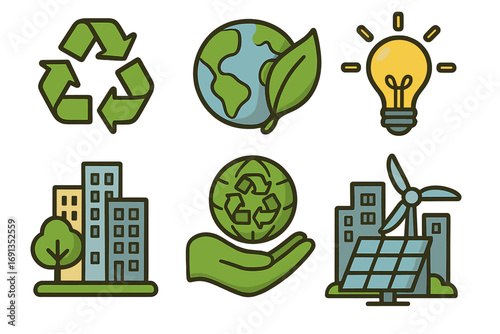 Sustainability icon set with eco-friendly symbols for renewable energy. Green city, recycling, solar and wind power. Ecology and environment care vector cartoon illustration.
