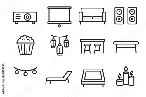 Entertainment Patio Icons. Outline icon set of entertainment patios: projector, screen, outdoor sofa, popcorn