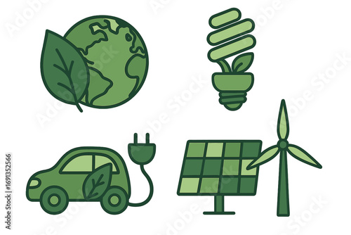 Green energy icon set. Symbols of sustainability, renewable resources. Eco friendly power. Solar panel, wind turbine, electric car, planet earth. Vector conservation concept.