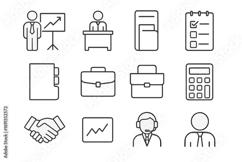 Financial Advisor Icons. Outline icon set of financial advisors: person with chart, desk, checklist, document