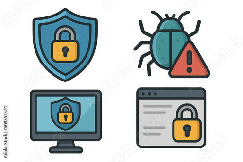 Cybersecurity icon set with protection and vulnerability concepts. Vector graphics of shield lock, computer monitor security, malware bug alert, and browser data safety.