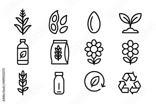 Plant Fertilizer Icons. Outline icon set of plant-based fertilizers: corn stalk, soybean, sunflower seed, leaf