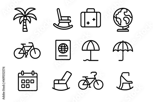 Retirement Icon Set. Outline icon set of retirement lifestyle planning: palm tree, rocking chair, suitcase,