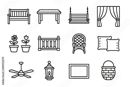 Veranda Icon Set. Outline icon set of veranda living: wooden bench, table, swing, curtain, flower pots,
