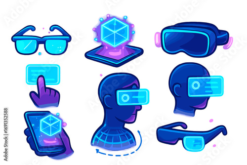 Virtual reality technology icons. Augmented reality glasses, headset, hologram projection. Metaverse concept. Futuristic digital device for cyberspace simulation and gaming vector.
