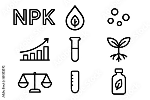 Nutrient Fertilizer Icons. Outline icon set of balanced nutrient fertilizers: NPK letters, droplet with leaf,