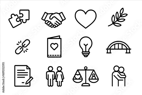 Conflict Resolution Icons. Outline icon set of conflict resolution in love: puzzle pieces, handshake, heart,