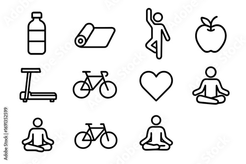 Workplace Wellness Icons. Outline icon set of workplace wellness: water bottle, yoga mat, stretching figure,