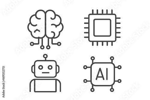 Technology icon pack with brain, microchip, robot, and artificial intelligence circuit symbols for digital design, apps, web, posts, cards, and futuristic vector concept
