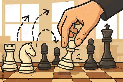 Hand moving chess piece on board, a metaphor for business strategy and tactical planning. Concept of competition, decision-making, and intellectual game. Vector illustration.