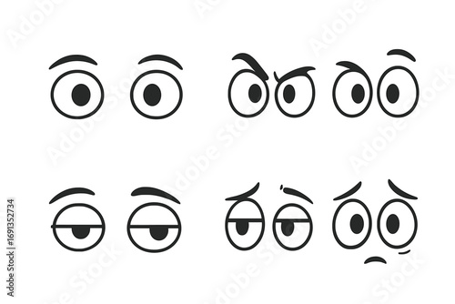 Set of cartoon eye expressions showing various emotions. Vector comic character eyes. Happy, sad, angry, bored, surprised emotions. Face part for avatar or emoticon creator.