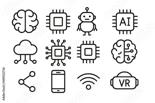 Technology line icon set with brain, chip, robot, artificial intelligence, cloud computing, smartphone, VR, WiFi, digital network, futuristic vector design for apps, web, cards