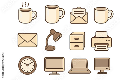 Office icon set for business and workspace design. Vector collection includes coffee mug, computer, laptop, printer, mail envelope, clock, lamp, and filing cabinet icons.