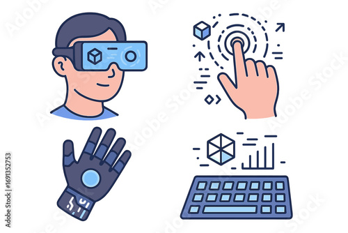 Augmented reality technology icon set. VR glasses, user interface interaction, haptic glove, and virtual keyboard. Metaverse & futuristic cyber innovation vector concept.
