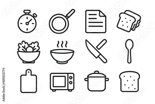 Quick Recipe Icons. Outline icon set of quick recipes: stopwatch, frying pan, recipe card, sandwich, salad