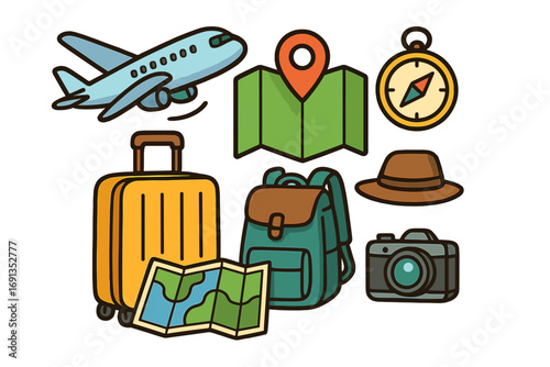 Travel icon collection. Vacation and adventure essentials. Set includes airplane, map, luggage, compass, backpack, camera. Journey planning vector illustration for tourism.