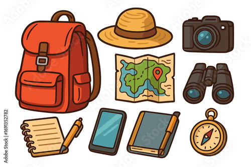 Travel essentials vector icon set for adventure and tourism. Cartoon collection with backpack, camera, map, compass, binoculars for hiking, vacation journey and exploration.