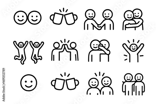 Joyful Interaction Icons. Outline icon set of cheerful interactions: smiling faces, clinking cups, handshake,