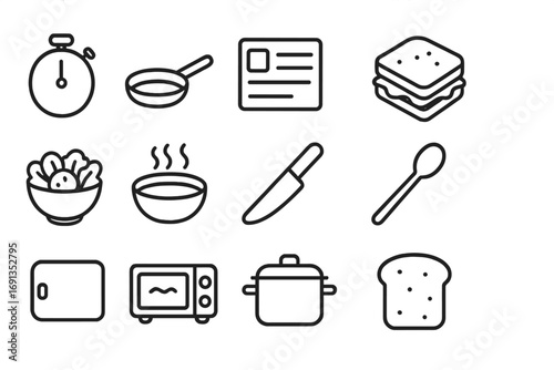 Quick Recipe Icons. Outline icon set of quick recipes: stopwatch, frying pan, recipe card, sandwich, salad