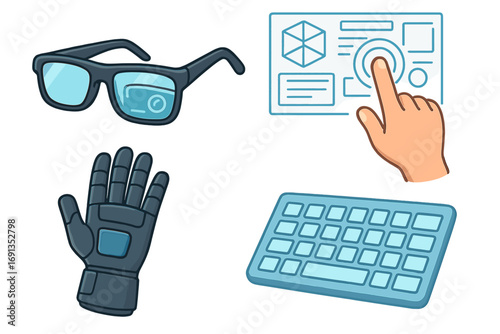 Augmented reality technology elements set. VR glasses, haptic glove, virtual keyboard, and hand touching UI. Metaverse concept for future interface. Cartoon vector icons.