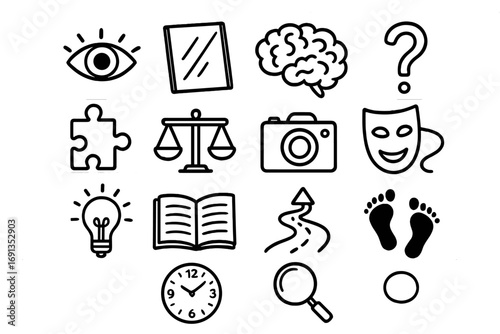 Exploring Reality Icons. Hand-drawn doodle illustration perception of reality eye, mirror, brain, question mark, puzzle piece,