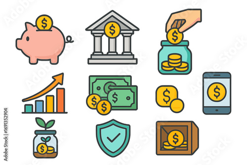 Vector icon collection of finance concepts. Savings, investment, and modern banking icons. Piggy bank, money growth, secure payment, and online finance cartoon symbols.