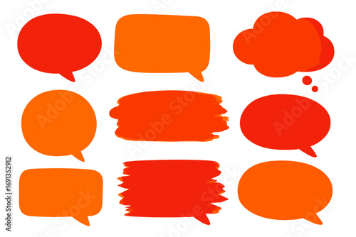 Set of red orange speech bubbles and brush strokes. Hand-drawn comic talk balloon, thought cloud. Communication concept for dialog, message, quote. Vector illustration.