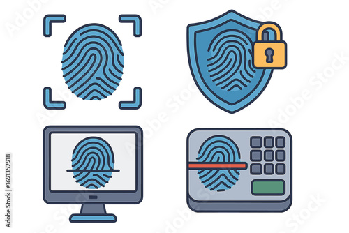 Fingerprint scan icon set for biometric security system. Digital identification, access control, and authentication technology. Vector thumbprint on a shield, lock, and screen.