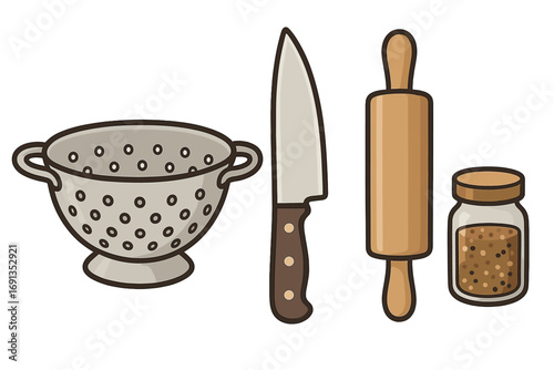 Set of kitchen tools for cooking and meal preparation. Colander, knife, rolling pin, and spice jar. Vector cartoon illustration for culinary and gastronomy concepts.