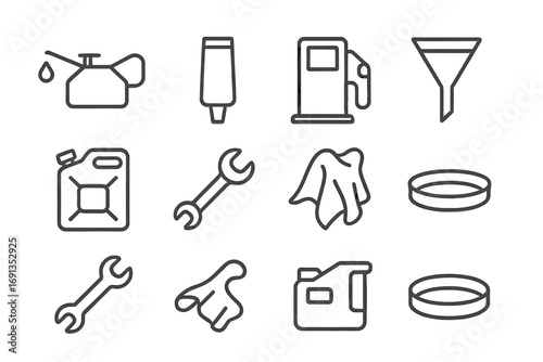 Fuel and Lubrication Icons. Outline icon set of fuel and lubrication: oil can, grease tube, fuel pump, funnel,