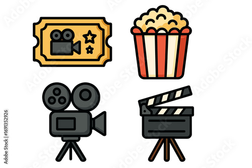 Cinema and movie production icon set. Film festival elements with ticket, popcorn, retro camera and clapperboard. Vector cartoon illustration for filmmaking concepts.