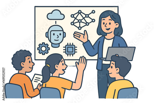 Artificial intelligence education concept. Teacher at a workshop explaining AI, machine learning, neural networks, robotics. Students in a class learning about future technology.