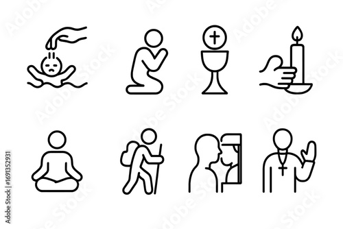 Faith Rituals Icons. Outline icon set of faith rituals: baptism, prayer, communion, candle lighting, meditation, pilgrimage,