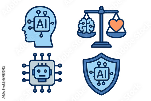 Artificial intelligence icon set. AI ethics, balance, and security concepts. Vector icons of head, brain and heart on scales, robot chip, and protective shield. Machine learning, data protection.