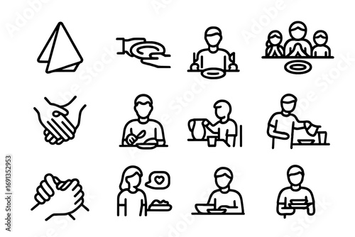 Family Dining Etiquette Icons. Outline icon set of family dining etiquette: napkin folding, passing plates, saying grace, holding
