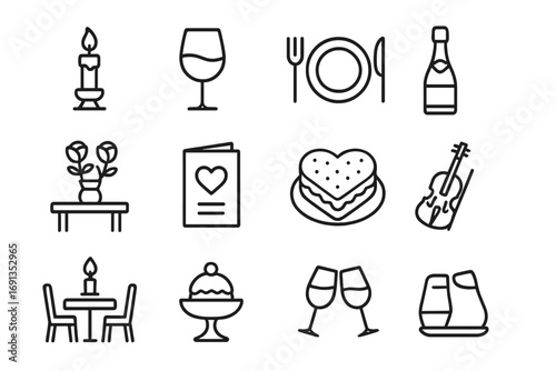 Romantic Dinner Icons. Outline icon set of romantic dinners: candlelight, wine glass, dinner plate, cutlery,
