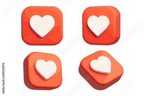 Social media like icon 3D render set. Cartoon heart button from different angles for app logo. Favorite symbol for web UI and mobile notification. Love sign illustration.
