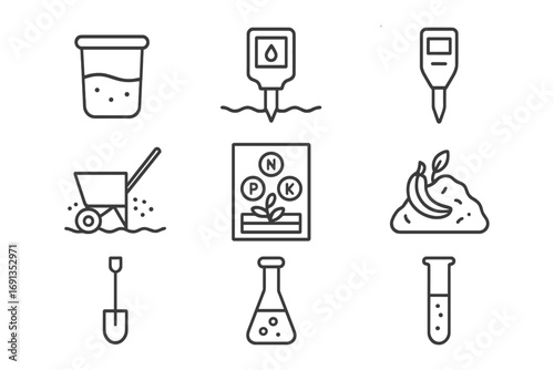 Soil Management Icons. Outline icon set of soil management: soil sample, moisture sensor, fertilizer spreader,