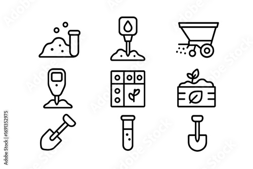 Soil Management Icons. Outline icon set of soil management: soil sample, moisture sensor, fertilizer spreader,