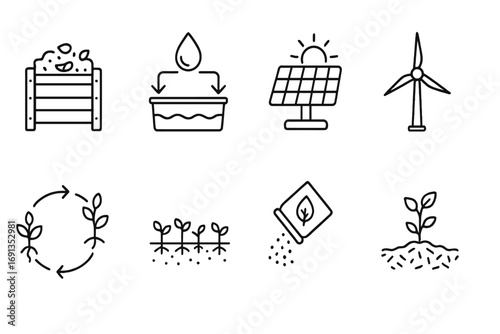 Sustainable Farming Icons. Outline icon set of sustainable farming: compost bin, rainwater collection, solar