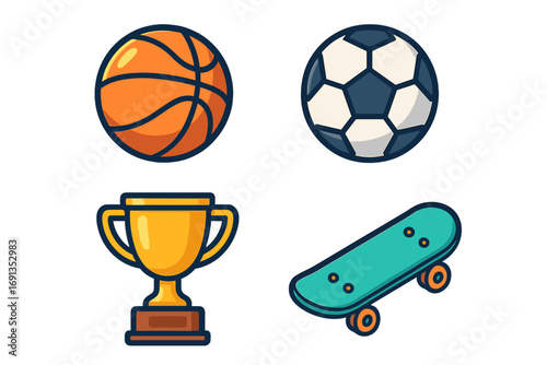 Vector sport equipment icon set. Basketball, football, skateboard, and winner trophy cup. Flat cartoon clipart collection for game, competition, championship, achievement.