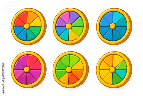 Wheel of fortune icon set. Game of chance concept. Spin wheel for prize and luck. Casino, lottery, gambling element. Colorful 3D cartoon vector illustration. Six variations.