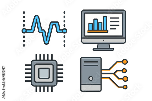 Data analysis and technology icon set. Digital signal, dashboard chart on computer, CPU microprocessor, server system. Vector icons for infographic, UI, UX, web design.