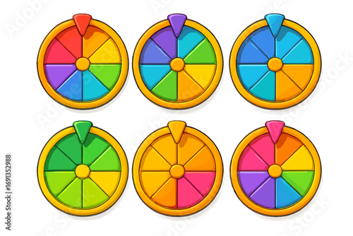 Colorful wheel of fortune icon set. 3D style prize wheel variations. Game of chance and luck concept. Spinning roulette for lottery or promotion. Vector cartoon UI element asset.